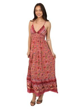 Angie Coral Floral Maxi Dress | Open Tie‑Back | Wildflower Print | 100% Rayon